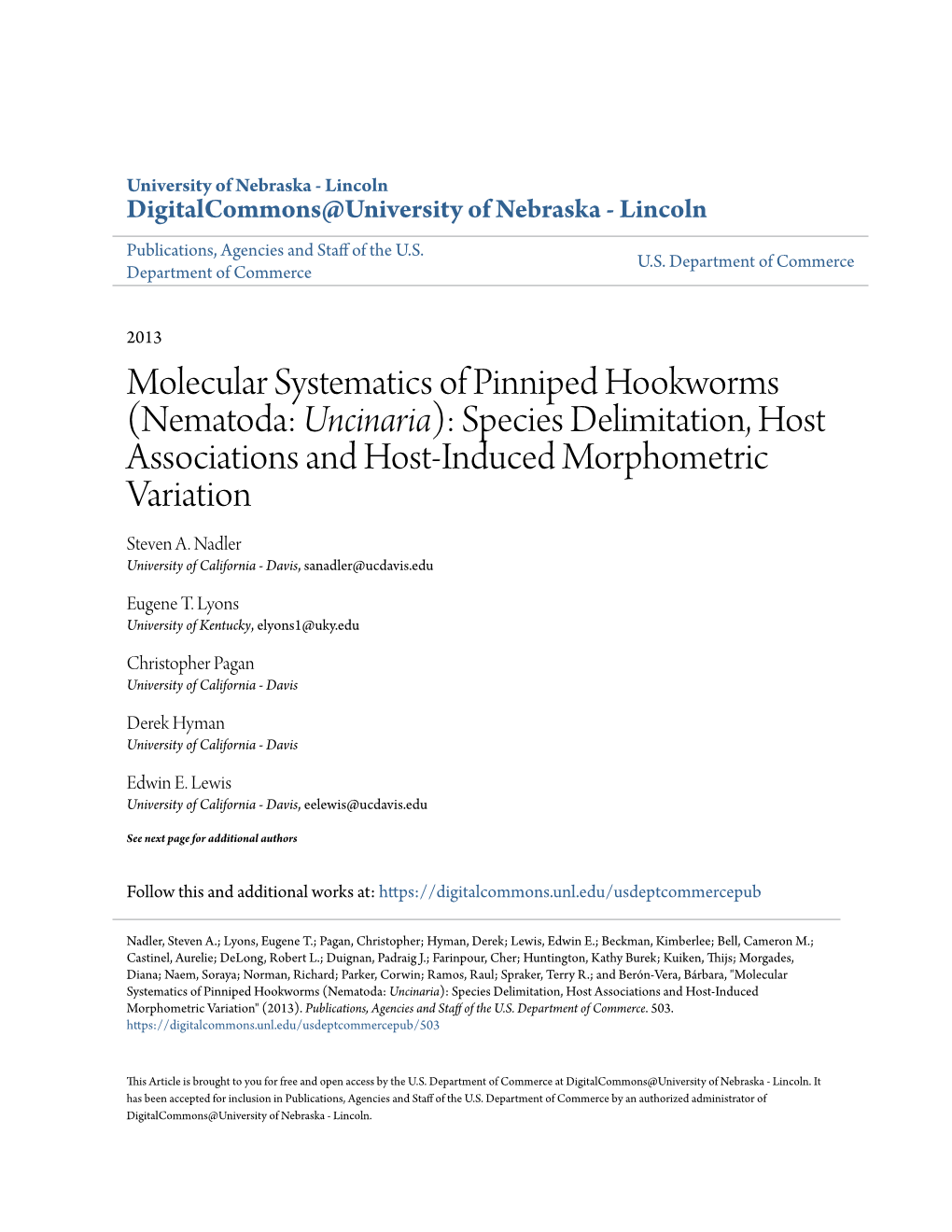 Molecular Systematics of Pinniped Hookworms (Nematoda: &lt;I