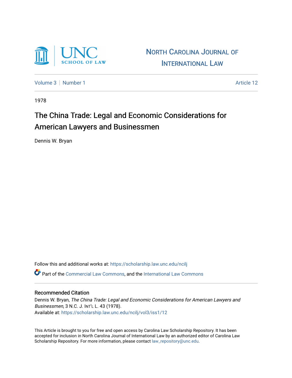 The China Trade: Legal and Economic Considerations for American Lawyers and Businessmen