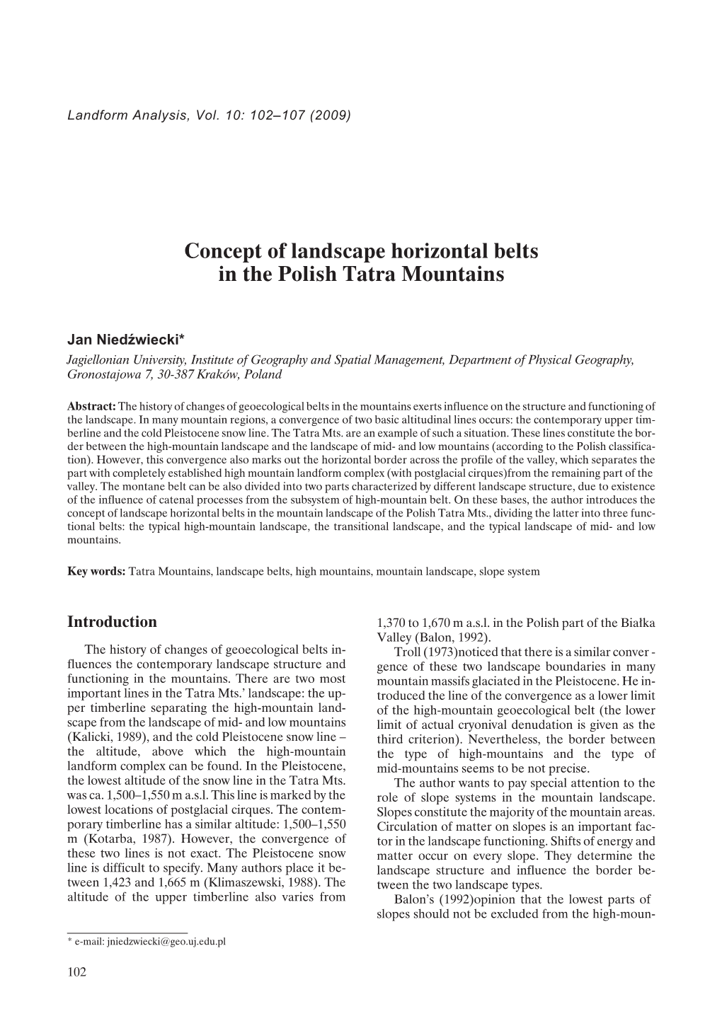 Concept of Landscape Horizontal Belts in the Polish Tatra Mountains