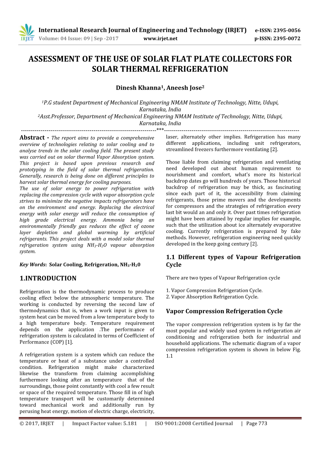 Assessment of the Use of Solar Flat Plate Collectors for Solar Thermal Refrigeration