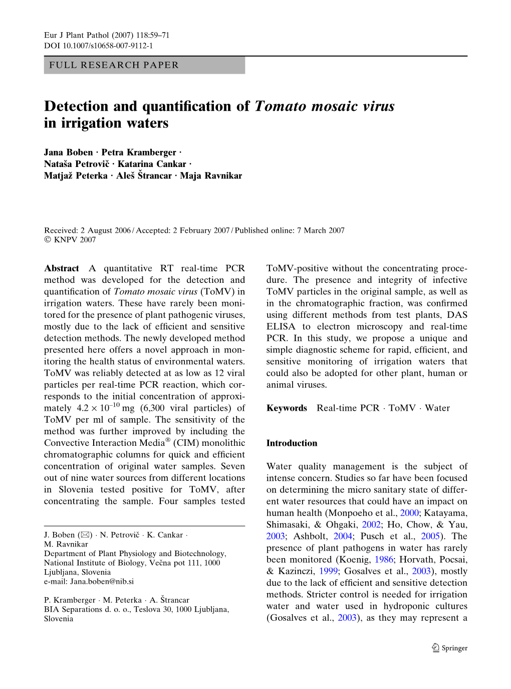 Detection and Quantification of Tomato Mosaic Virus in Irrigation Waters