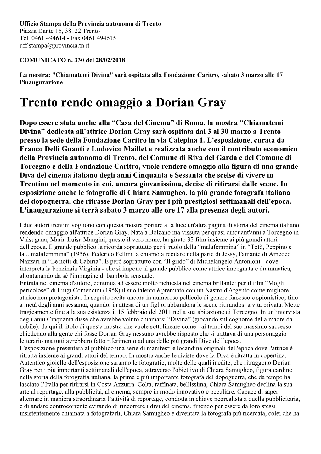 Trento Rende Omaggio a Dorian Gray