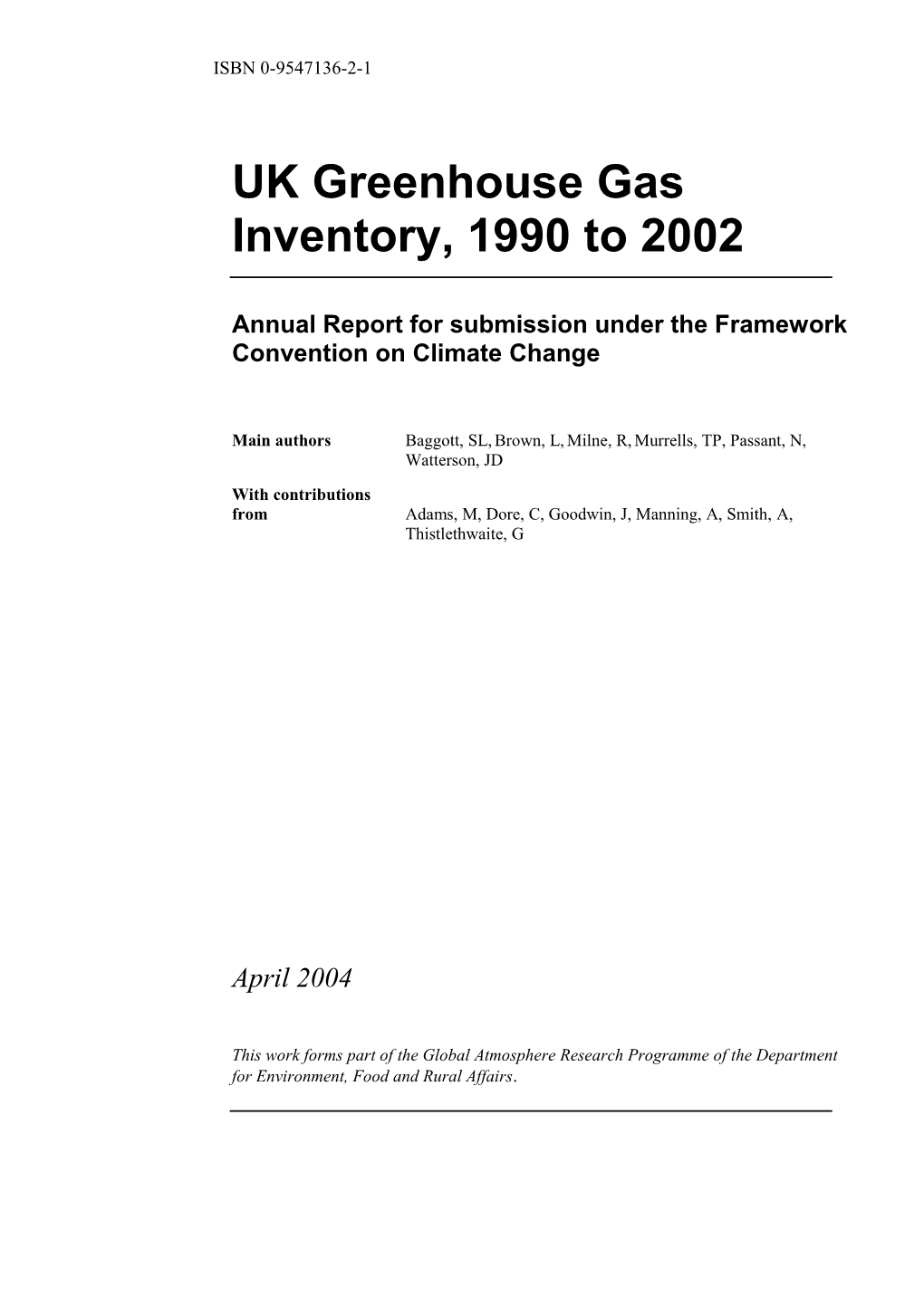 UK Greenhouse Gas Inventory, 1990 To 2001