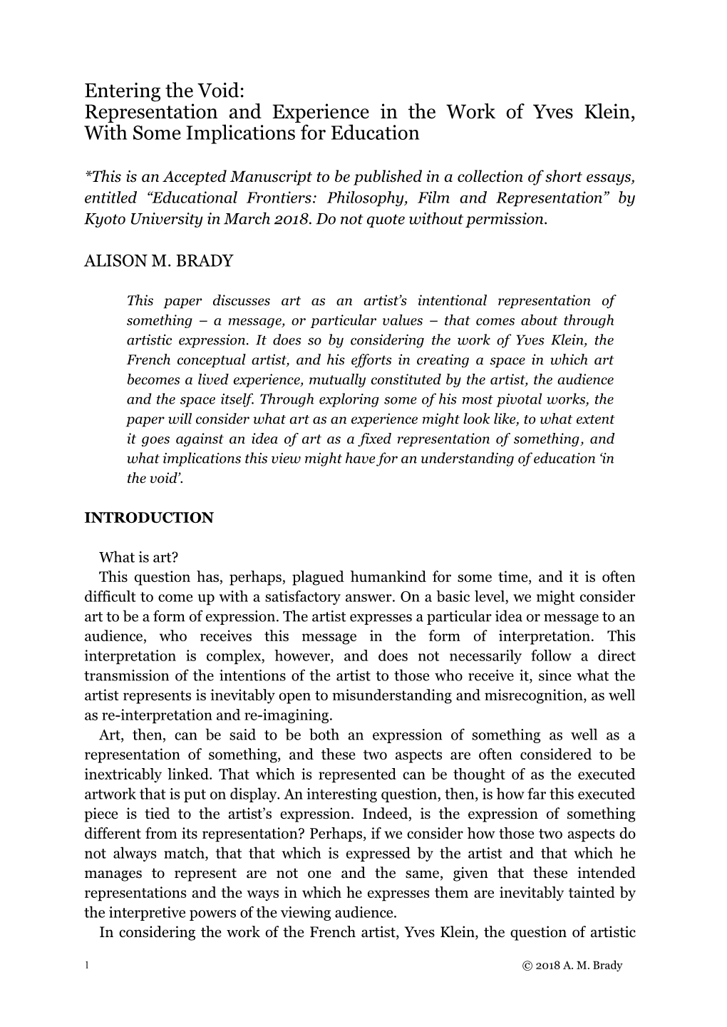 Entering the Void: Representation and Experience in the Work of Yves Klein, with Some Implications for Education