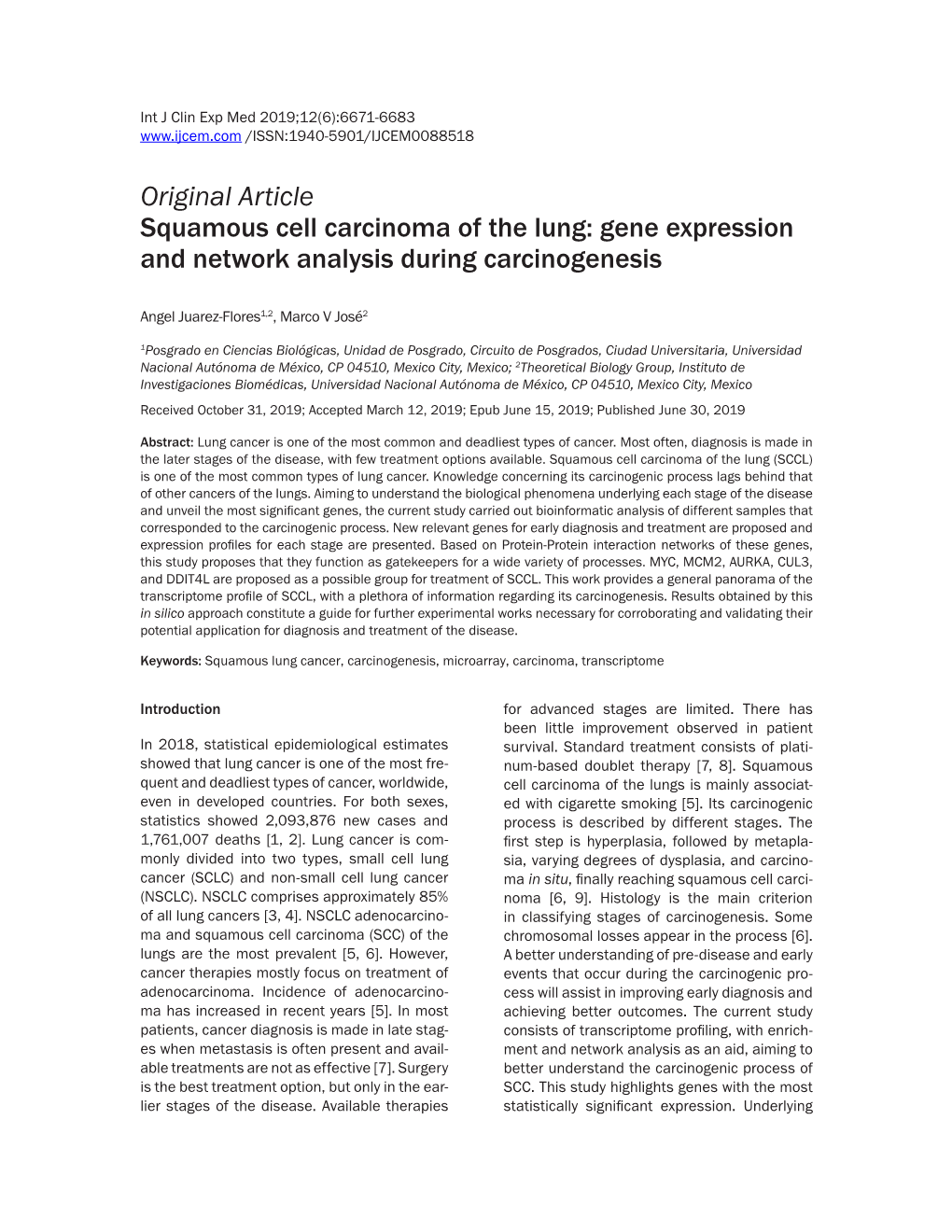 Original Article Squamous Cell Carcinoma of the Lung: Gene Expression and Network Analysis During Carcinogenesis