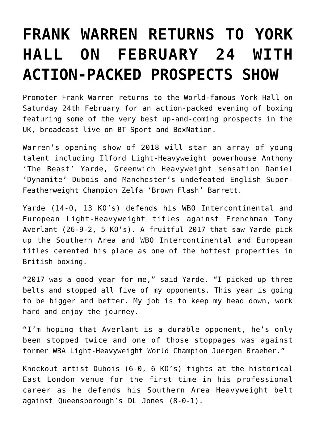 Frank Warren Returns to York Hall on February 24 with Action-Packed Prospects Show