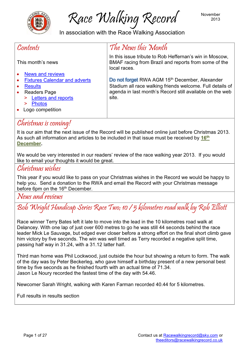 Race Walking Record 2013 in Association with the Race Walking Association