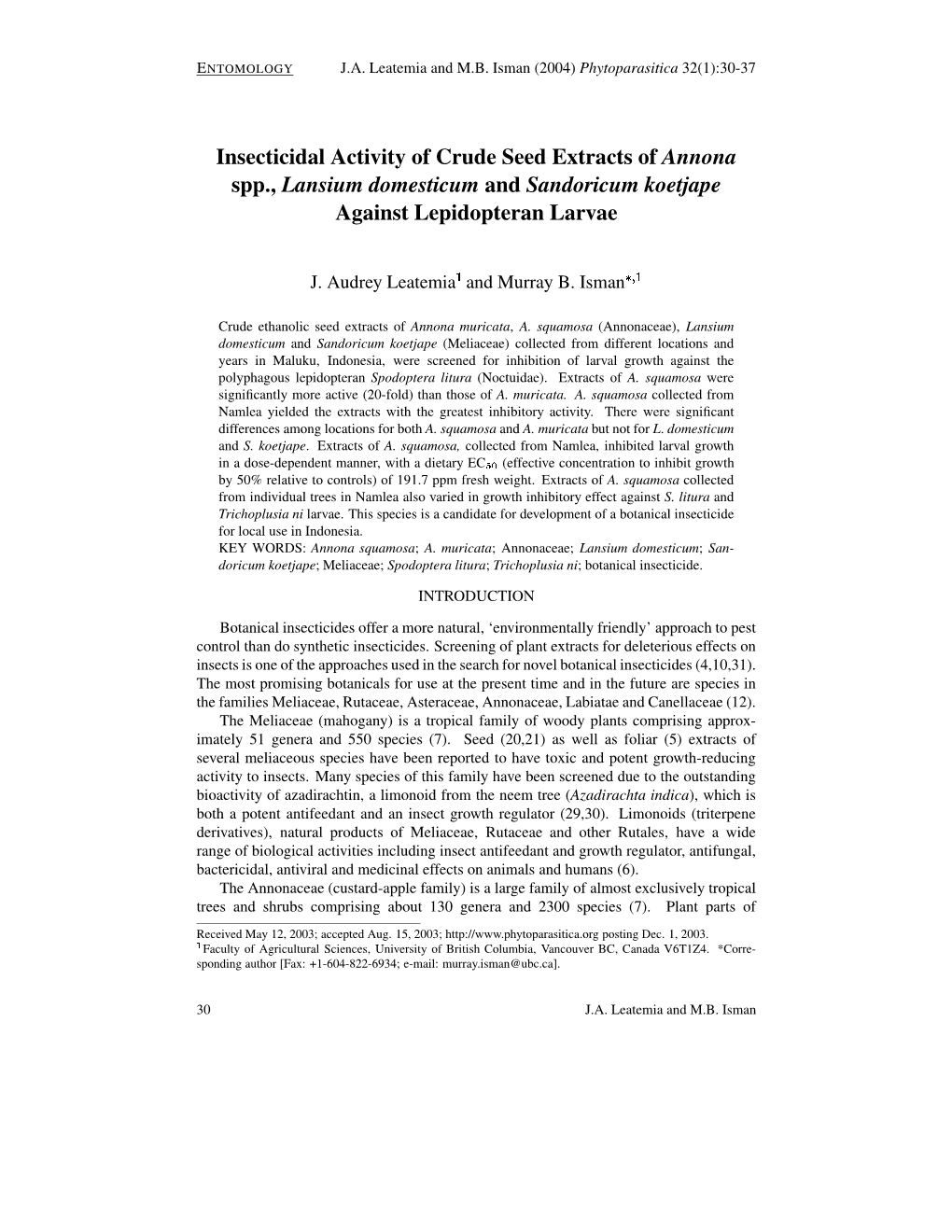 Insecticidal Activity of Crude Seed Extracts of Annona Spp., Lansium Domesticum and Sandoricum Koetjape