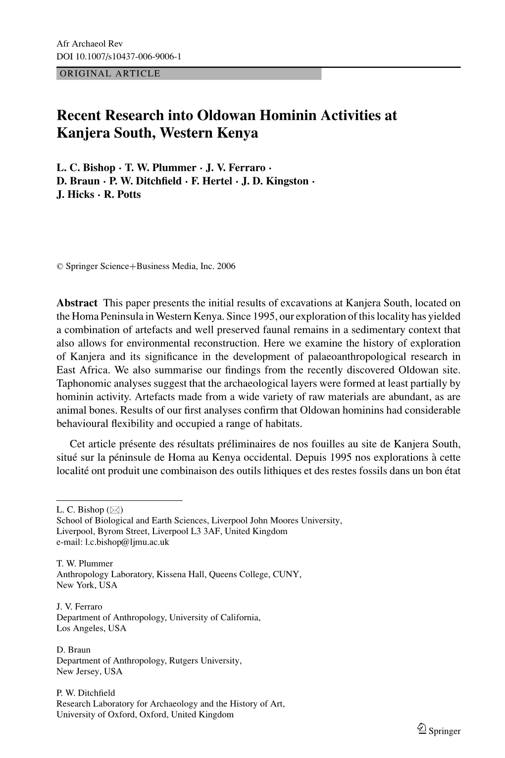 Recent Research Into Oldowan Hominin Activities at Kanjera South, Western Kenya