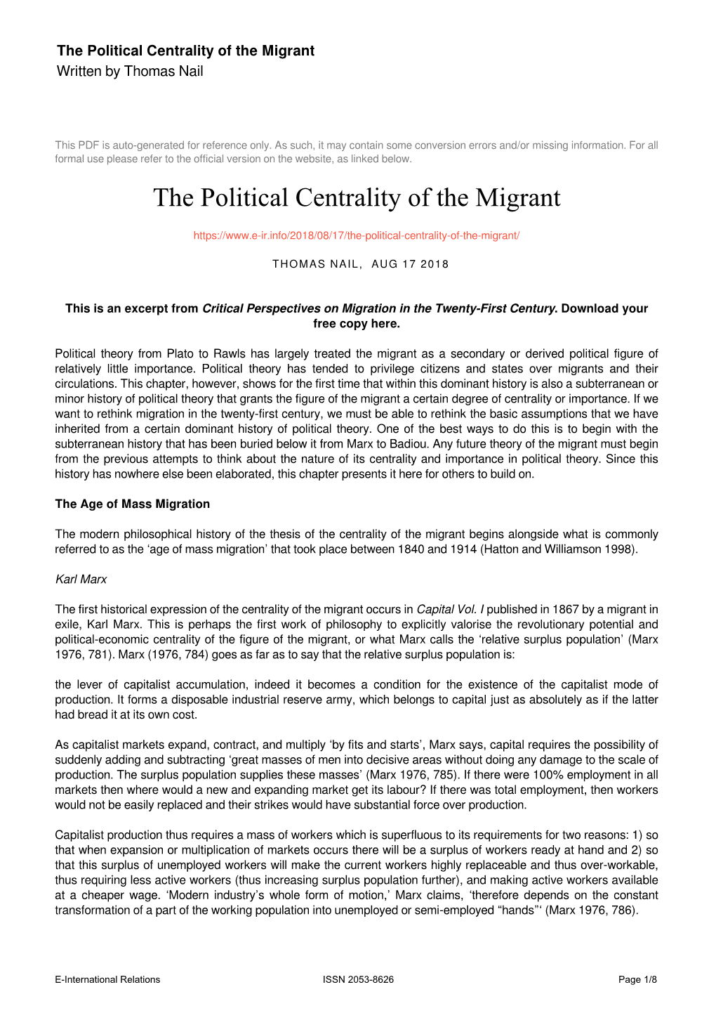 The Political Centrality of the Migrant Written by Thomas Nail