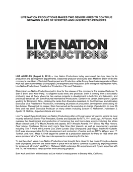 Live Nation Productions Makes Two Senior Hires to Continue Growing Slate of Scripted and Unscripted Projects