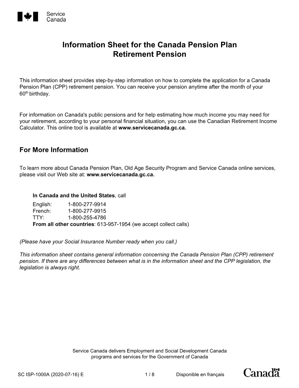 Information Sheet for the Canada Pension Plan Retirement Pension