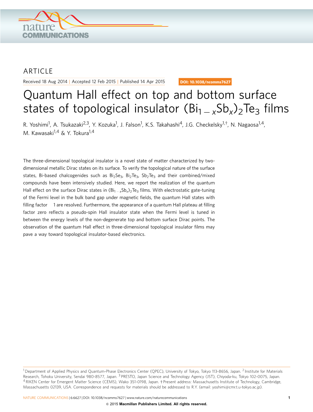 Quantum Hall Effect on Top and Bottom Surface States of Topological Insulator (Bi1&Minus;Xsbx)2Te3 Films