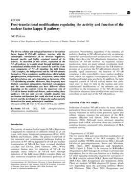 Post-Translational Modifications Regulating the Activity and Function of the Nuclear Factor Kappa B Pathway