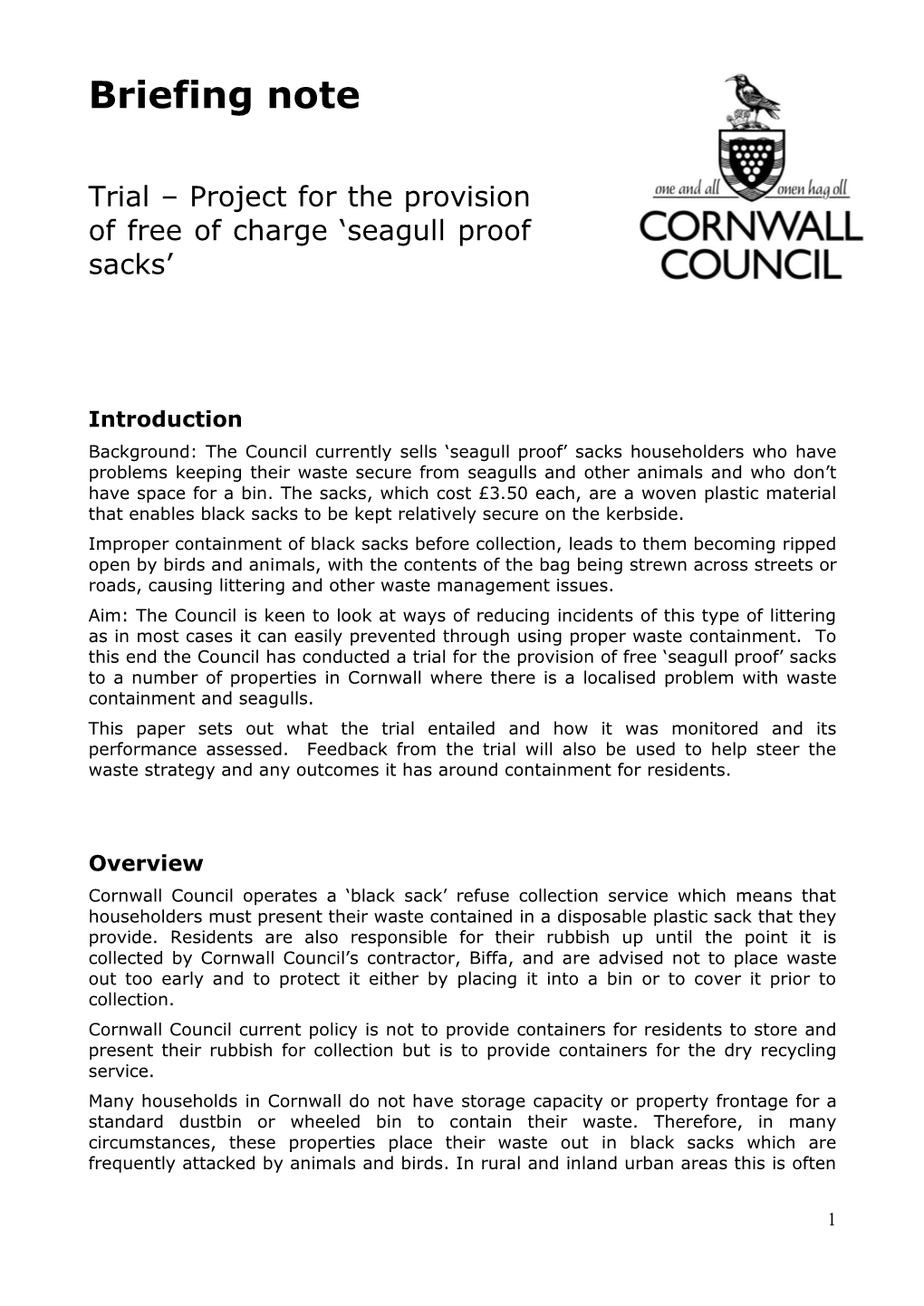 Briefing Note for Cornwall's