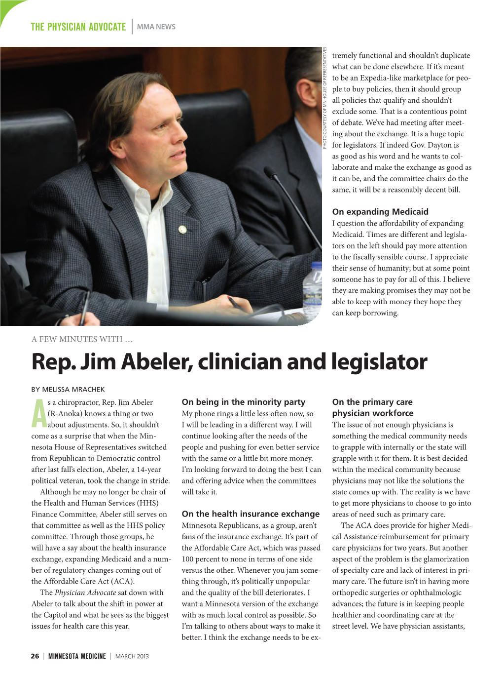 Rep. Jim Abeler, Clinician and Legislator
