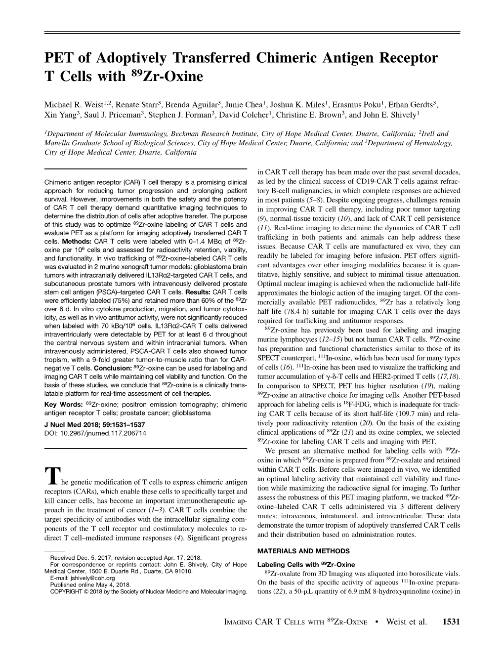 PET of Adoptively Transferred Chimeric Antigen Receptor T Cells with 89Zr-Oxine