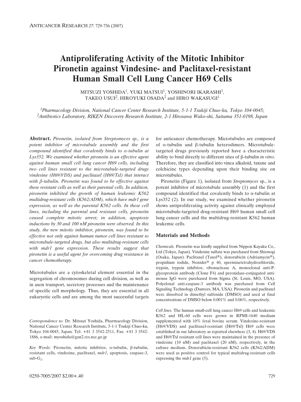 Antiproliferating Activity of the Mitotic Inhibitor Pironetin Against Vindesine- and Paclitaxel-Resistant Human Small Cell Lung Cancer H69 Cells