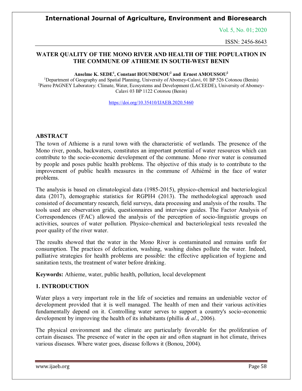 2020 Issn: 2456-8643 Water Quality of the Mono