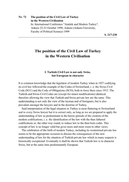 The Position of the Civil Law of Turkey in the Western Civilisation