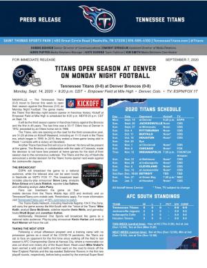 Titans Open Season at Denver on Monday Night Football