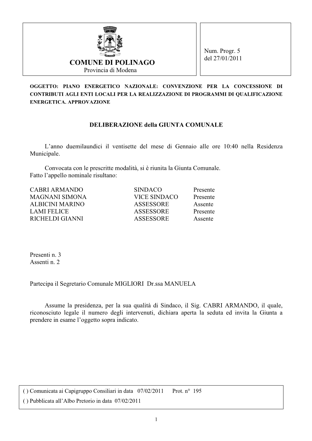 COMUNE DI POLINAGO Provincia Di Modena