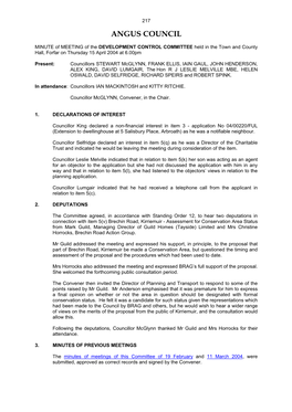 MINUTE of MEETING of the DEVELOPMENT CONTROL COMMITTEE Held in the Town and County Hall, Forfar on Thursday 15 April 2004 at 6.00Pm
