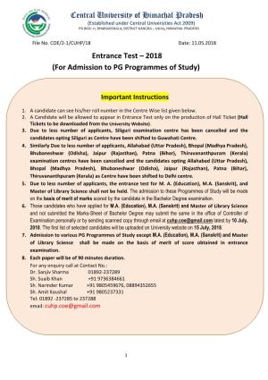 2018 (For Admission to PG Programmes of Study)
