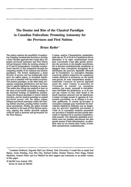 Demise and Rise of the Classical Paradigm in Canadian Federalism: Promoting Autonomy for the Provinces and First Nations