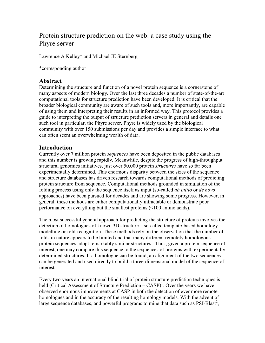 Protein Structure Prediction on the Web: a Detailed Example Using the Phyre Server