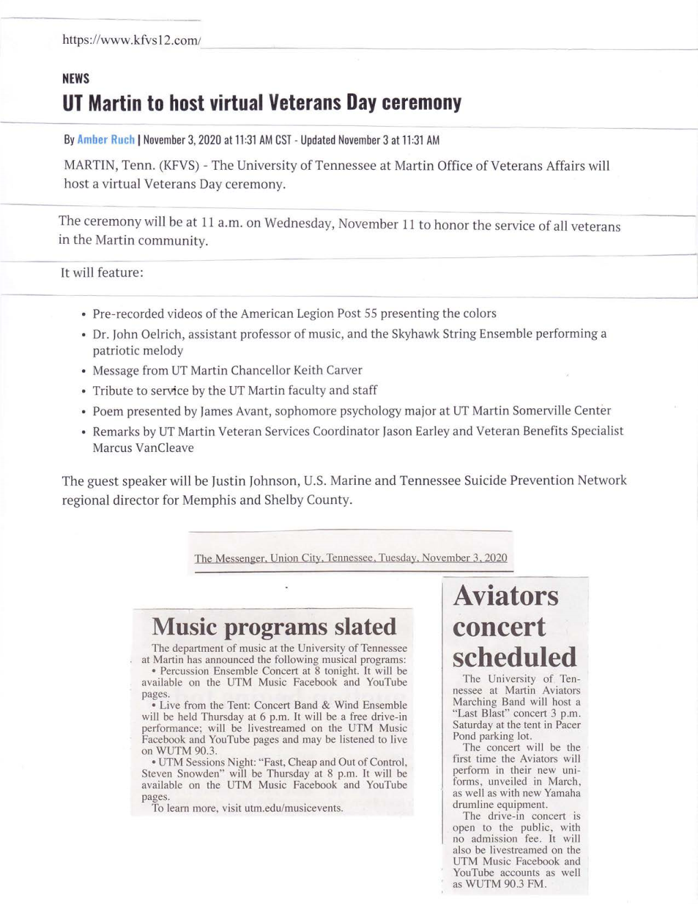 Aviators Music Programs Slated Concert the Department of Music at the University of Tennessee at Martin Has Announced the Following Musical Programs
