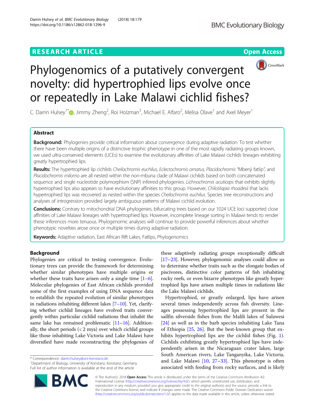 Did Hypertrophied Lips Evolve Once Or Repeatedly in Lake Malawi Cichlid Fishes? C