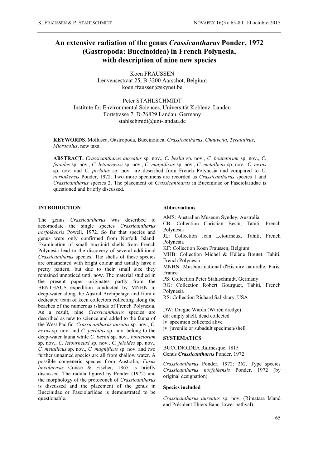 An Extensive Radiation of the Genus Crassicantharus Ponder, 1972 (Gastropoda: Buccinoidea) in French Polynesia, with Description of Nine New Species