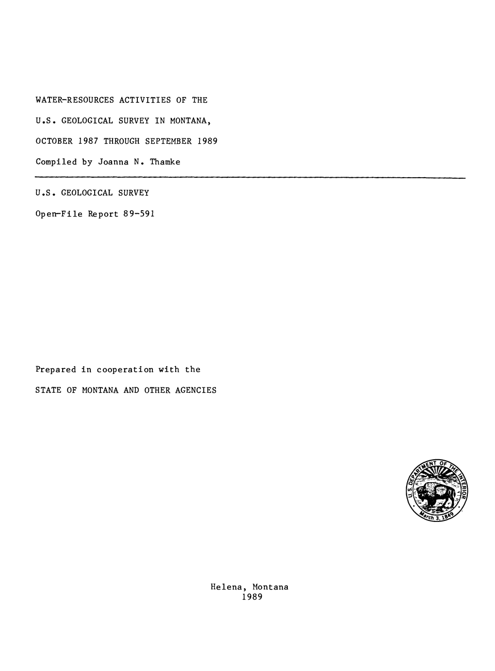 Water-Resources Activities of the U.S. Geological Survey in Montana, October 1985 Through September 1986: U.S