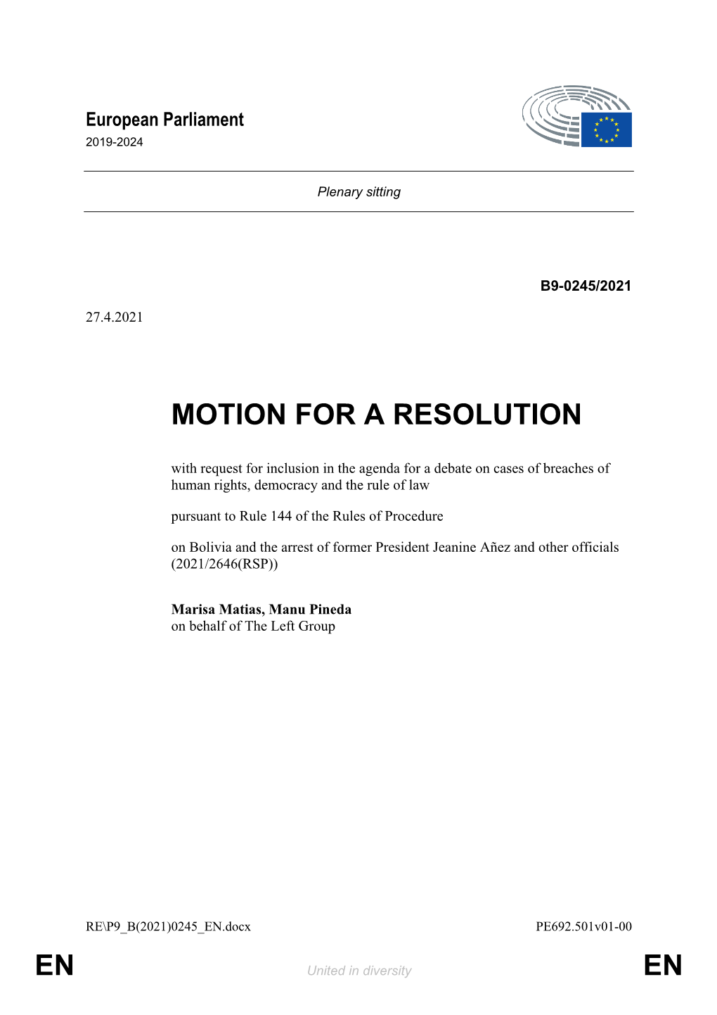 En En Motion for a Resolution