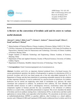 A Review on the Conversion of Levulinic Acid and Its Esters to Various Useful Chemicals