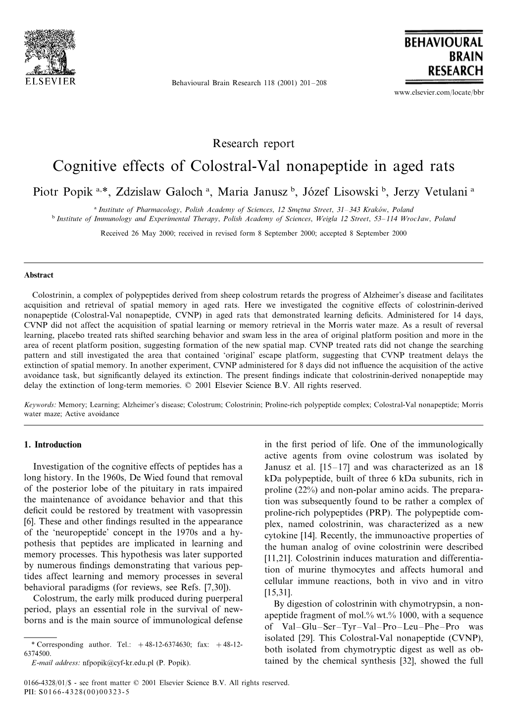 Cognitive Effects of Colostral-Val Nonapeptide in Aged Rats