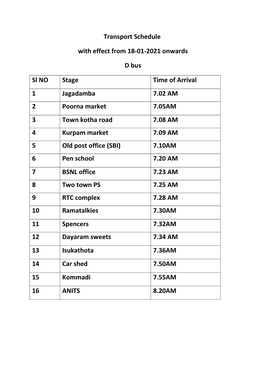 Transport Schedule with Effect from 18-01-2021 Onwards D Bus Sl NO