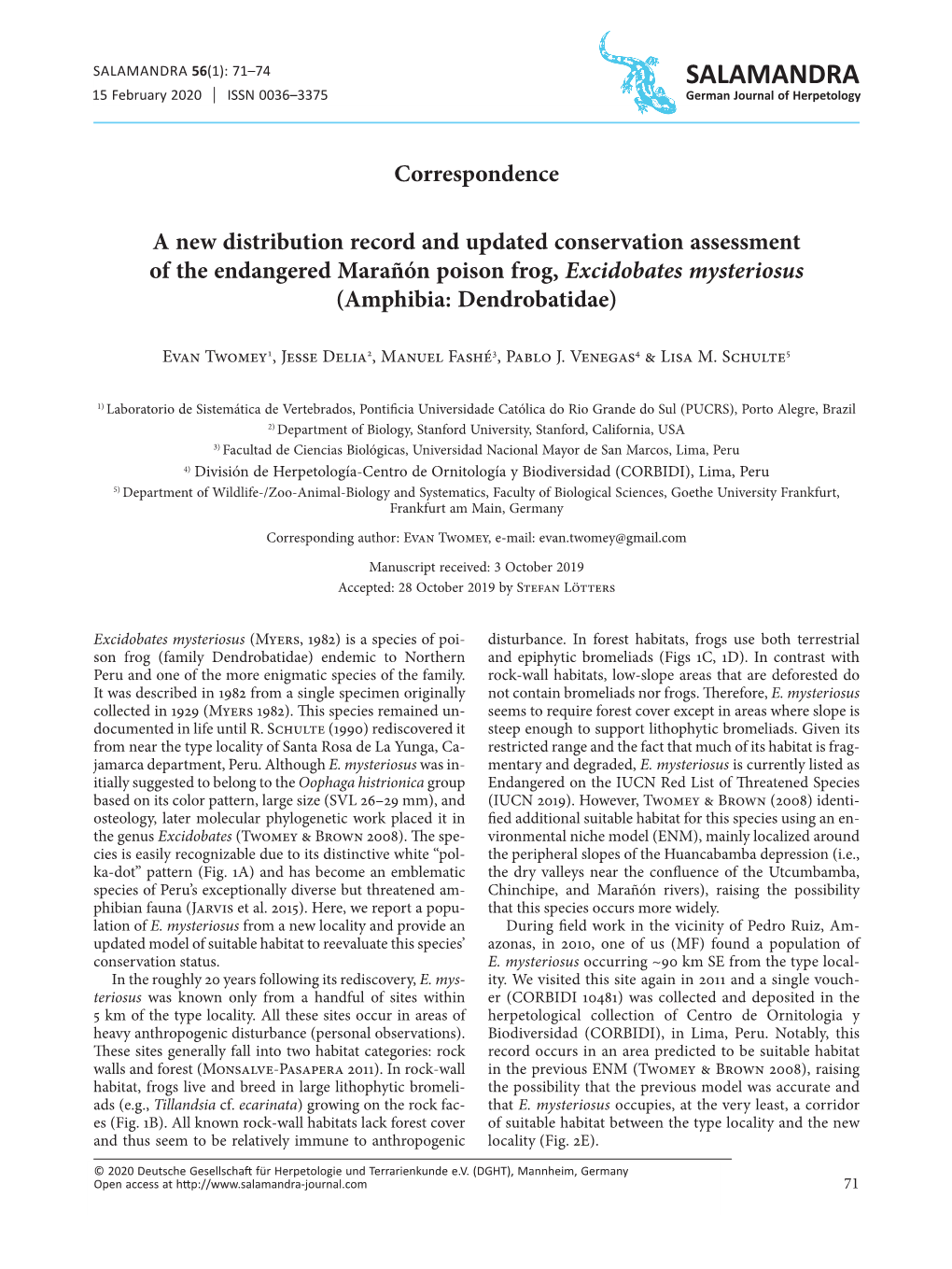 A New Distribution Record and Updated Conservation Assessment of the Endangered Marañón Poison Frog, Excidobates Mysteriosus (Amphibia: Dendrobatidae)