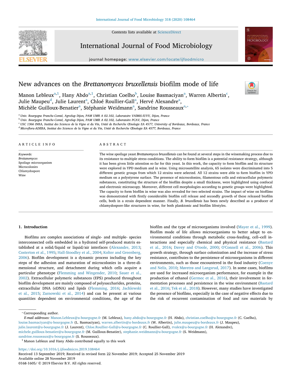 New Advances on the Brettanomyces Bruxellensis Biofilm Mode of Life