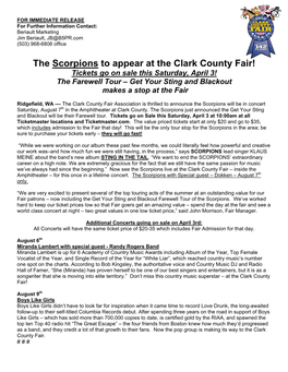 The Scorpions to Appear at the Clark County Fair! Tickets Go on Sale This Saturday, April 3! the Farewell Tour – Get Your Sting and Blackout Makes a Stop at the Fair