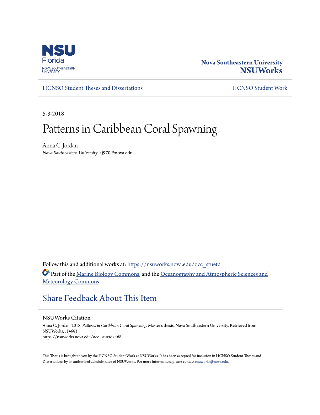 Jordan 2018 Patterns in Caribbean Coral Spawning