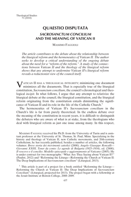 Quaestio Disputata Sacrosanctum Concilium and the Meaning of Vatican Ii