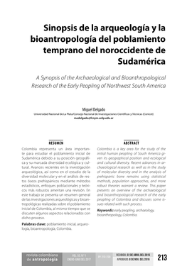 Sinopsis De La Arqueología Y La Bioantropología Del Poblamiento Temprano Del Noroccidente De Sudamérica