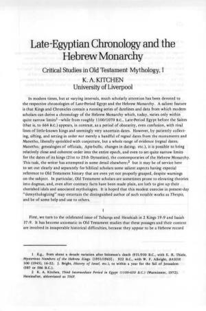 Late-Egyptian Chronology and the Hebrew Monarchy Critical Studies in Old Testament Mythology, I K