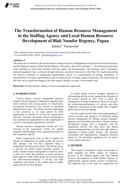The Transformation of Human Resource Management in the Staffing Agency and Local Human Resource Development of Biak Numfor Regency, Papua Dahlan1,* Fatmawada1