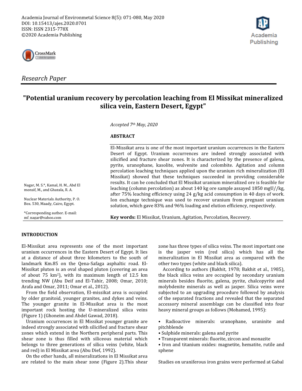 Potential Uranium Recovery by Percolation Leaching from El Missikat Mineralized Silica Vein, Eastern Desert, Egypt