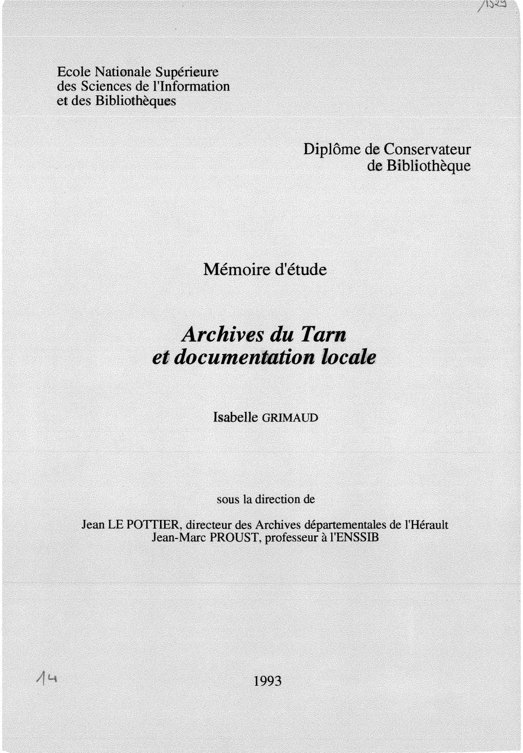 Archives Du Tarn Et Documentation Locale/Mémoire D'étude