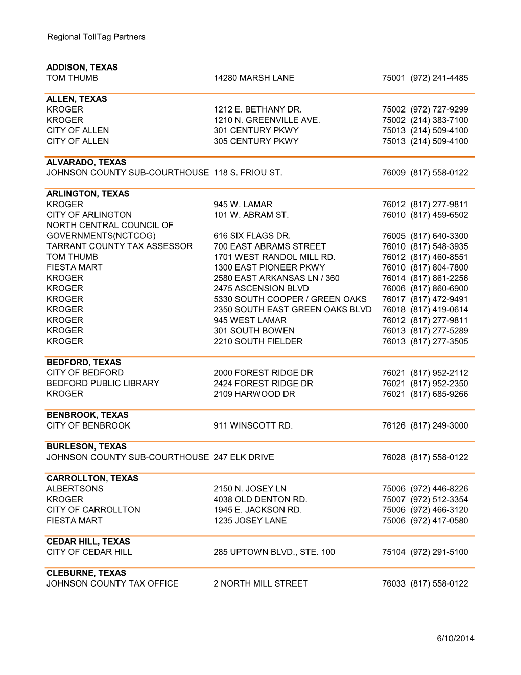 Regional Tolltag Partners ADDISON, TEXAS TOM THUMB 14280