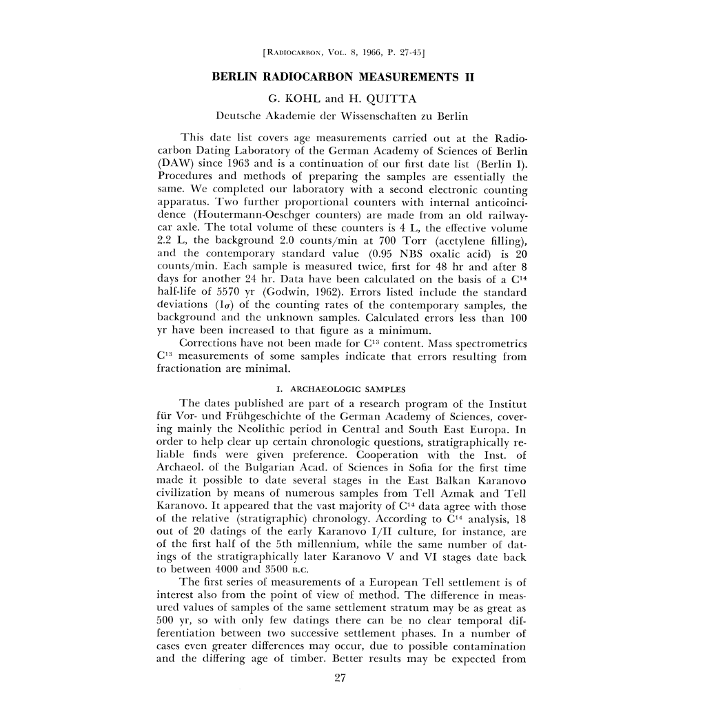 BERLIN RADIOCARBON MEASUREMENTS II G. KOHL and H. QUITTA Carbon Dating Laboratory of the German Academy of Sciences of Berlin (D